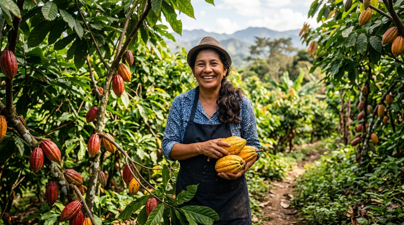 Esther Valladares en su finca de cacao en Cortés, Honduras