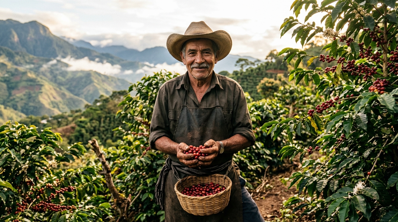 Juan Valdez en su finca de café en Marcala, Honduras