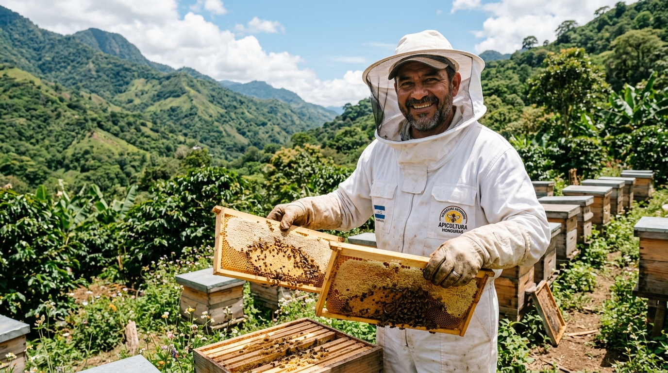 José Daniel con sus panales en Valle de Ángeles, Honduras